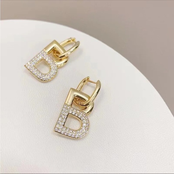 Gold Plated “B” Earrings with Rhinestones - Picture 2 of 6